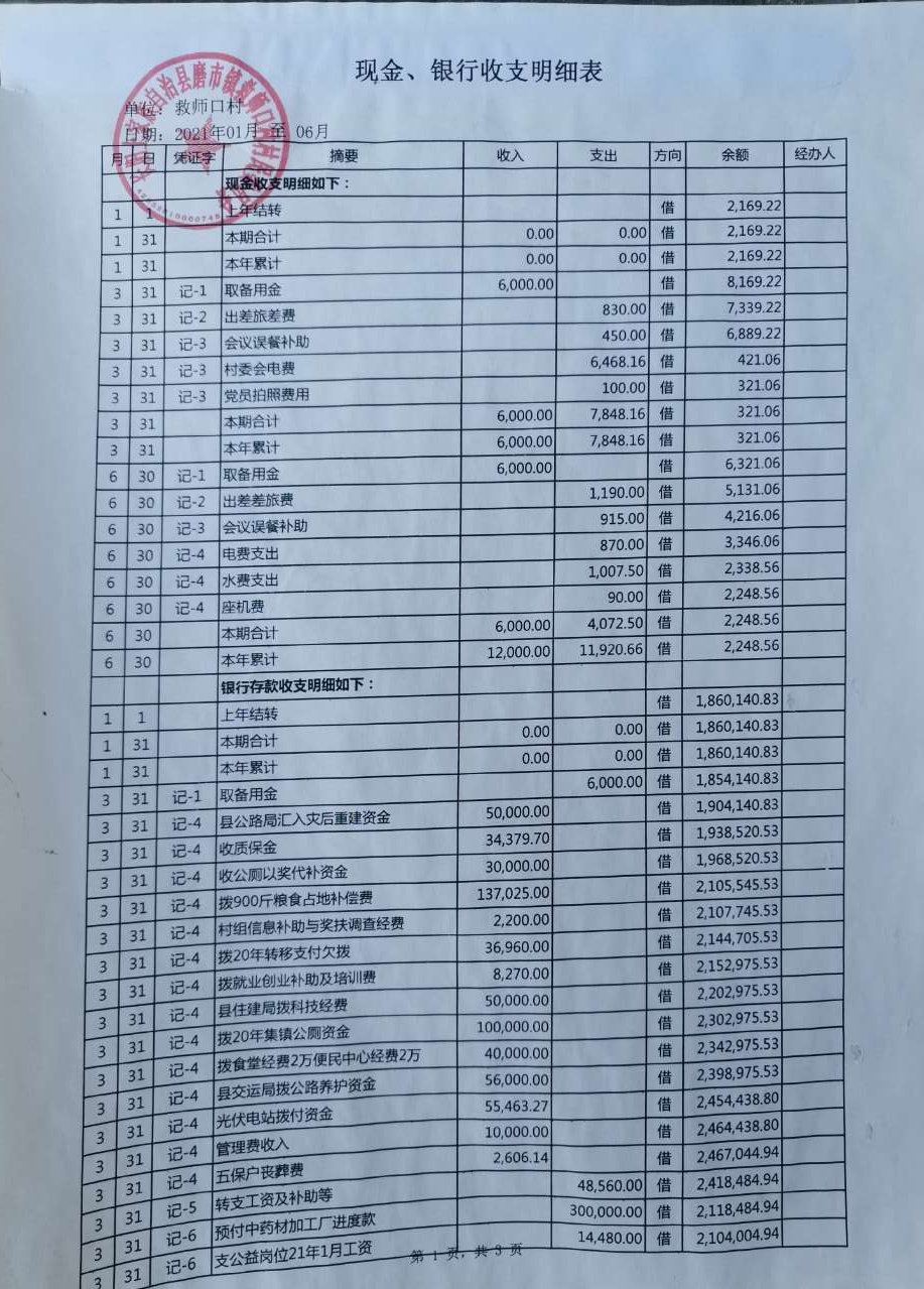 磨市镇救师口村村民委员会 - 救师口村2021年1-6月现金,银行收支明细